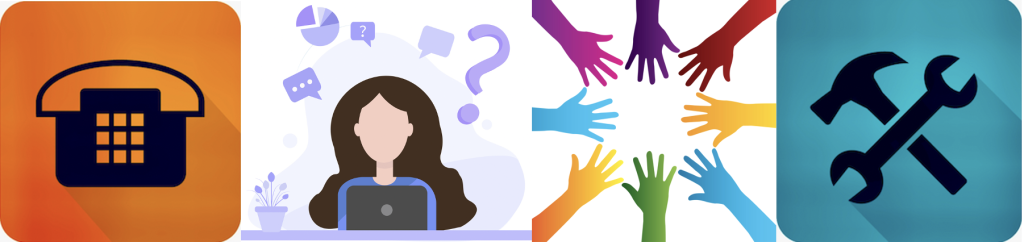 Vector art representing utilites, phone, office worker, and volunteers