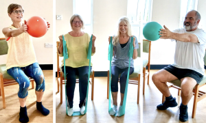 3 photos of people doing pilates in a chair with balls and bands