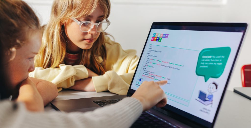 Photo of Young female student explaining a computer code to a classmate.