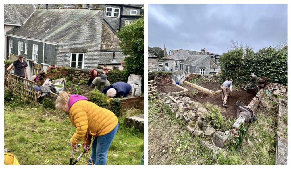 Photos of people digging and building