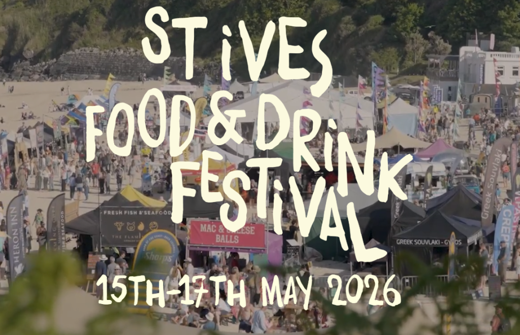 Photo of beach with tents and 'St Ives Food & Drink Festival' text