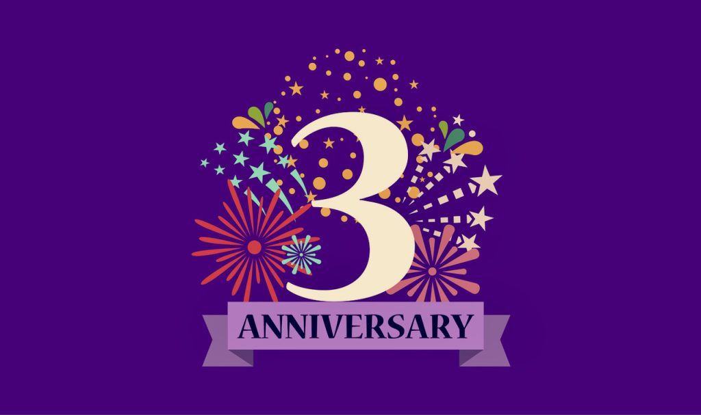 3 year anniversary banner with open burst gift box. Template first birthday celebration and abstract text on white background vector illustration