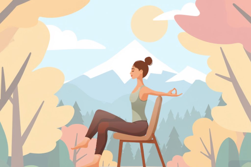 Image of young woman doing chair yoga outdoors