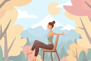 Image of young woman doing chair yoga outdoors