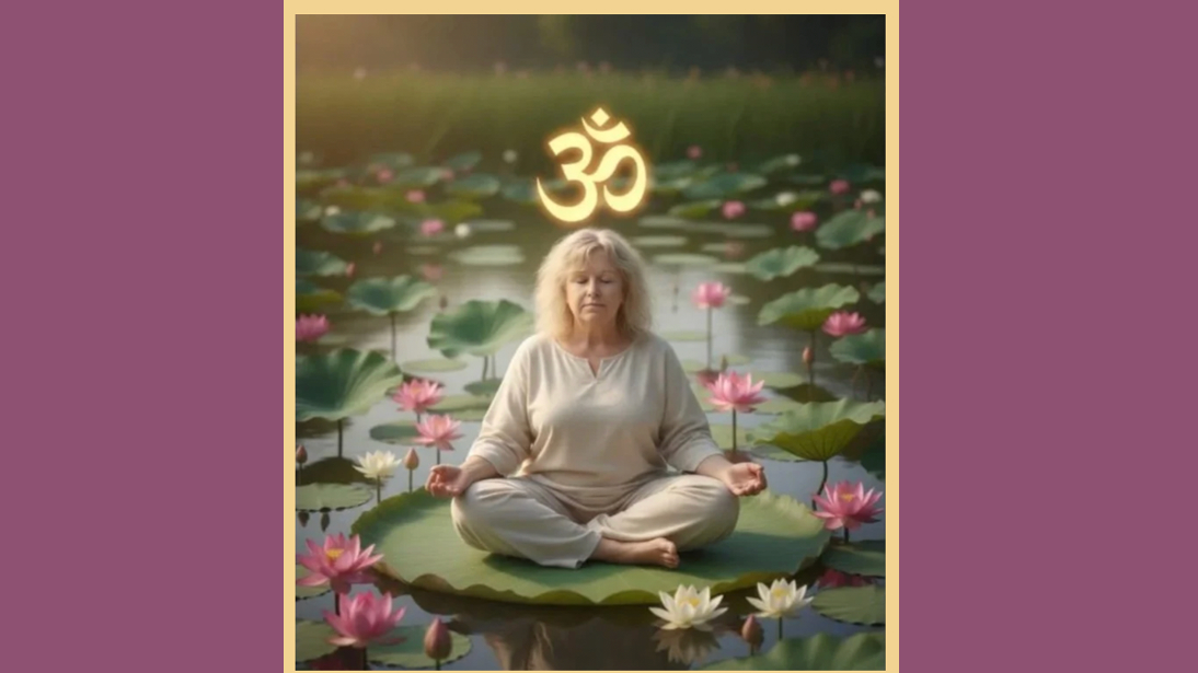 Photo of yoga teacher superimposed on lily pad with purple background