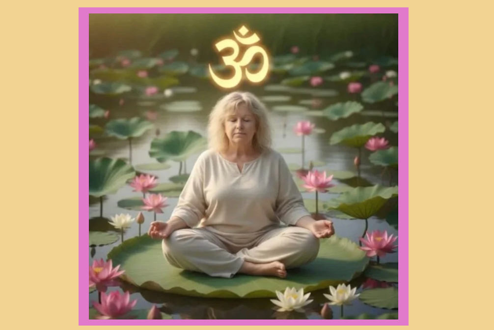 Photo of yoga teacher in lotus pose superimposed on lily pad