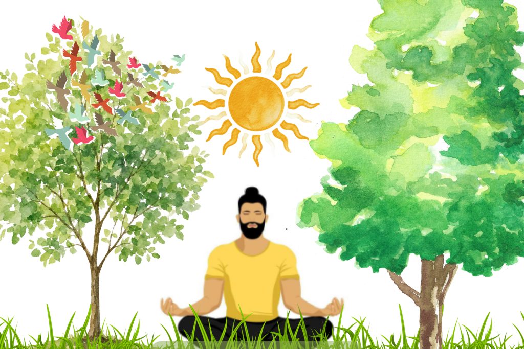 Illustration of man meditating outside between 2 trees with sun above him