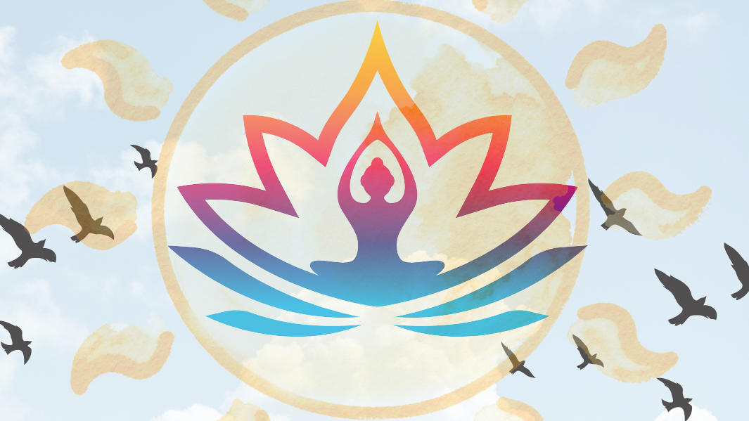 Graphic of silhouette in lotus flower against clue sky with birds