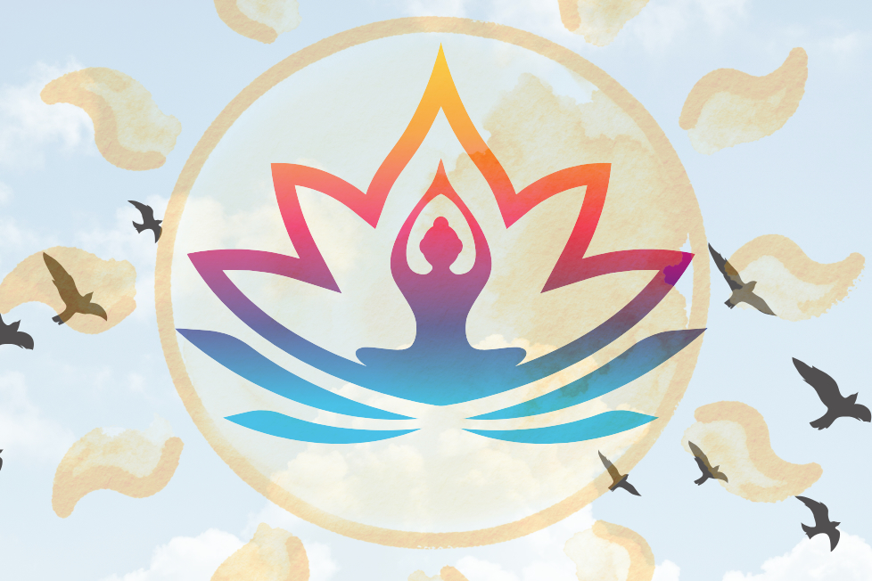 Image of meditating figure within lotus shape in sunny blue sky with birds, suggesting relaxation and peace.