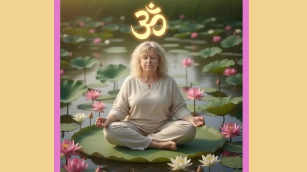 Photo of yoga teacher superimposed on lily pad with golden background
